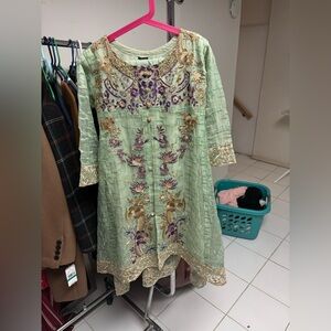 Embroidered Green Dress with Floral Accents